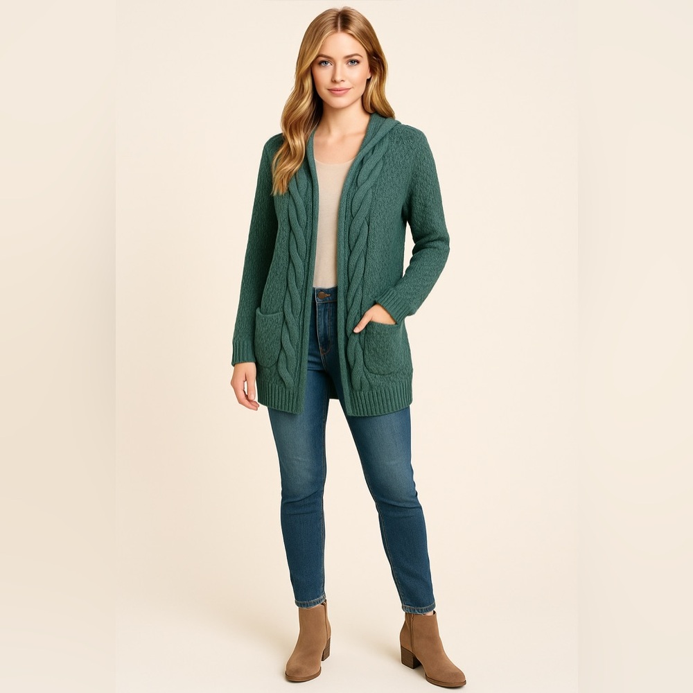 Green Wool Blend Open Front Cable Knit‎ Cardigan Sweater Pockets M/L